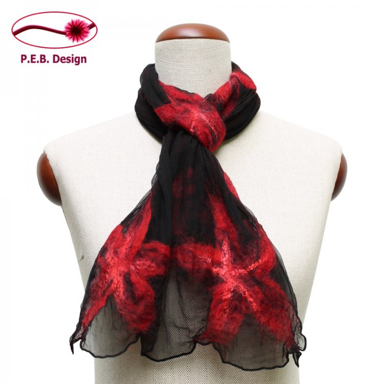 Silk Scarf Blossoms Black-Red - Click Image to Close