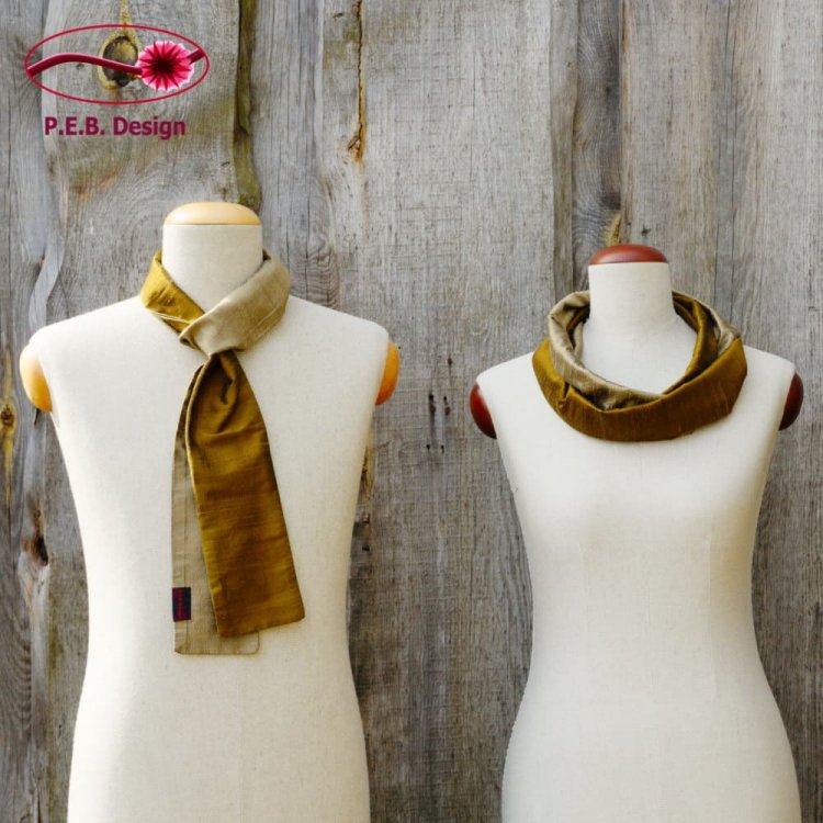 Silk Scarf Silk Loop Olive Green-Champagne - Click Image to Close