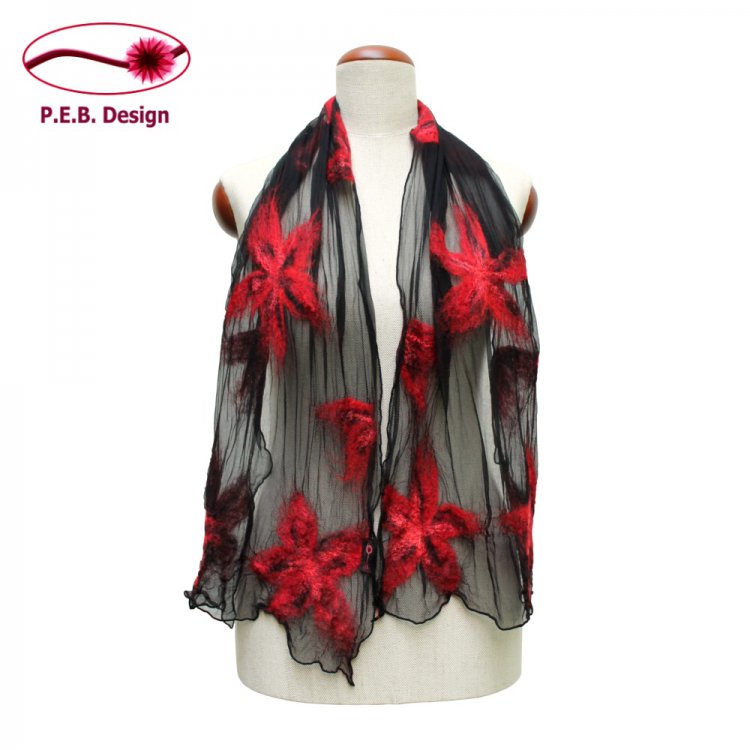 Silk Scarf Blossoms Black-Red - Click Image to Close