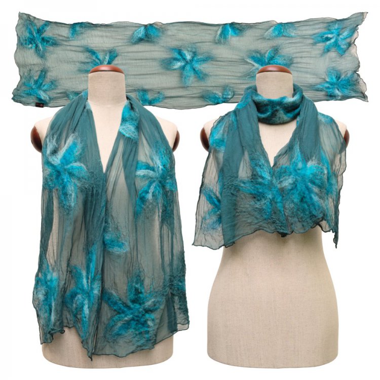 Silk Scarf Blossoms Petrol - Click Image to Close