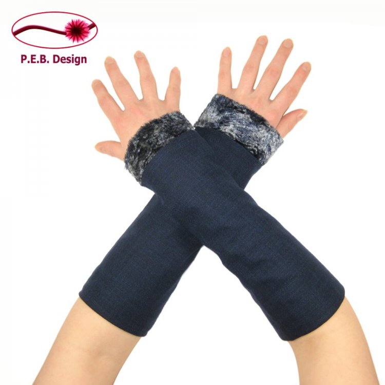 Linen Arm Warmers Navy Blue Lined - Click Image to Close