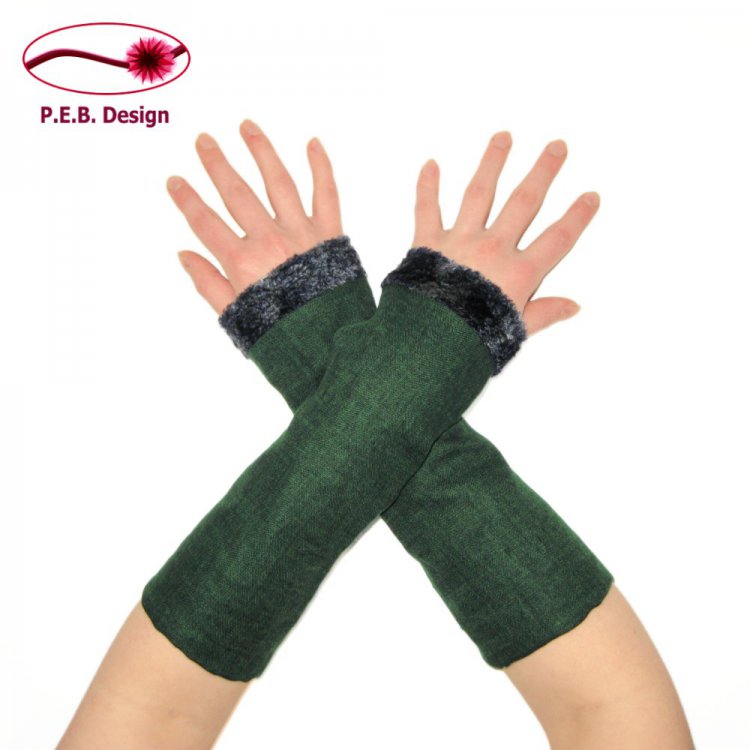 Linen Arm Warmers Forest Green Lined - Click Image to Close